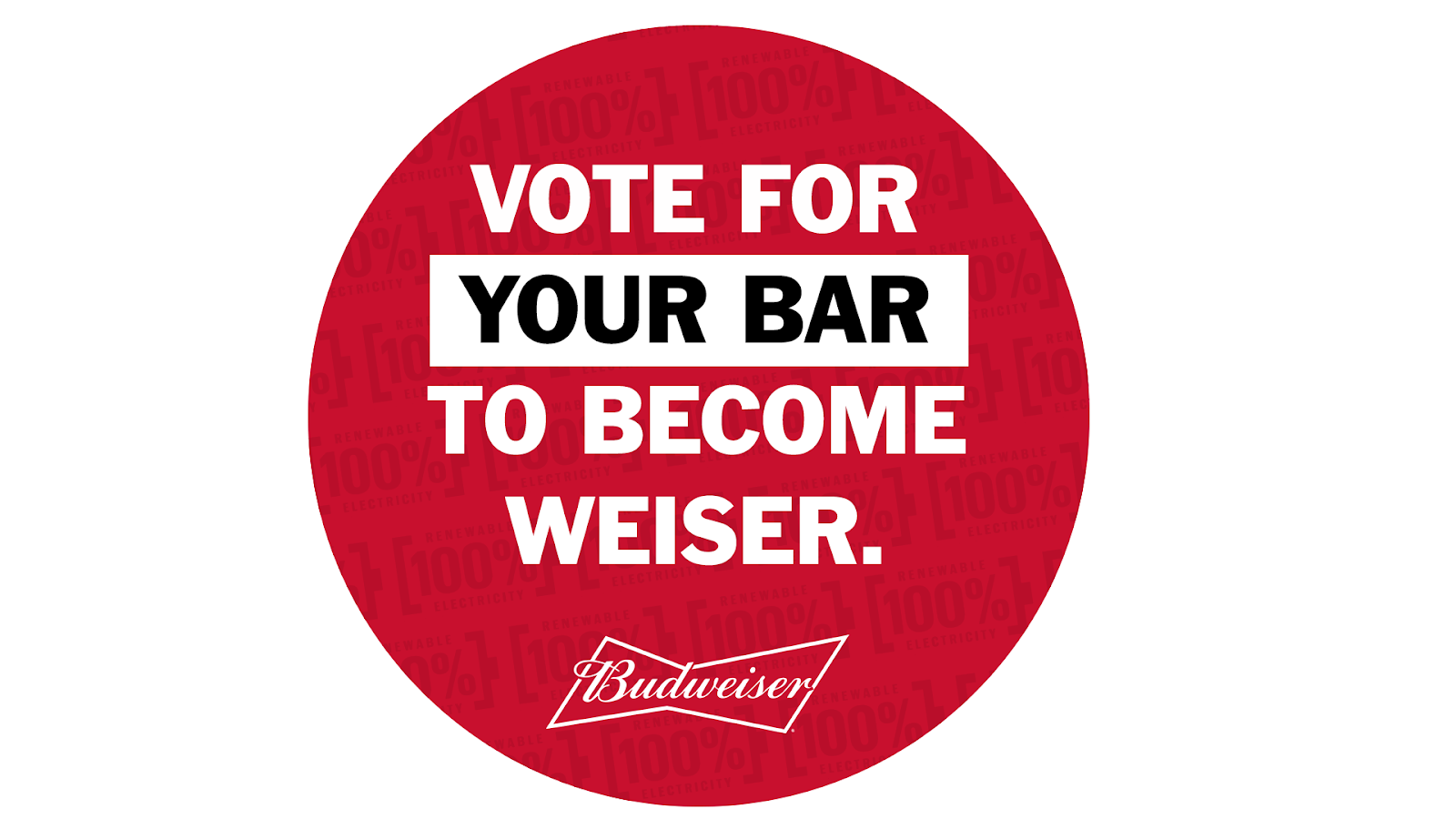 Signage encouraging people to vote for their bar to become weiser, as part of Budweiser's Clio Winning Belgian case campaign